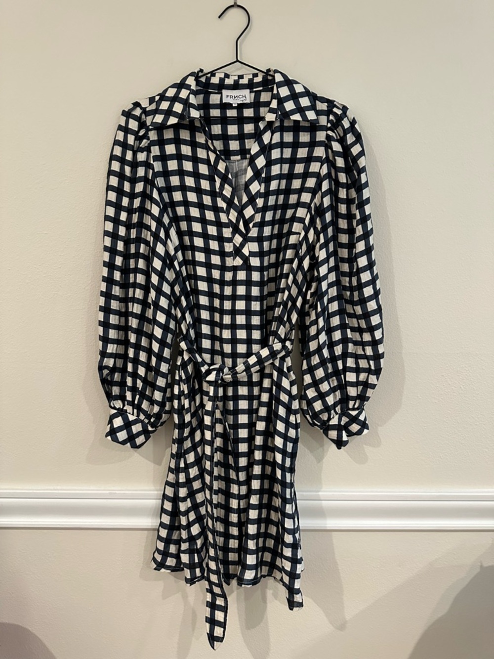 FRNCH Paris Gingham Mini Dress M Anthropologie Balloon Sleeve Check Blue/White - Picture 3 of 6